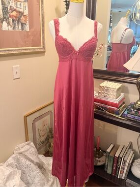 Olga Rose-Red Lace-Trim Long Satin Slip Nightgown
